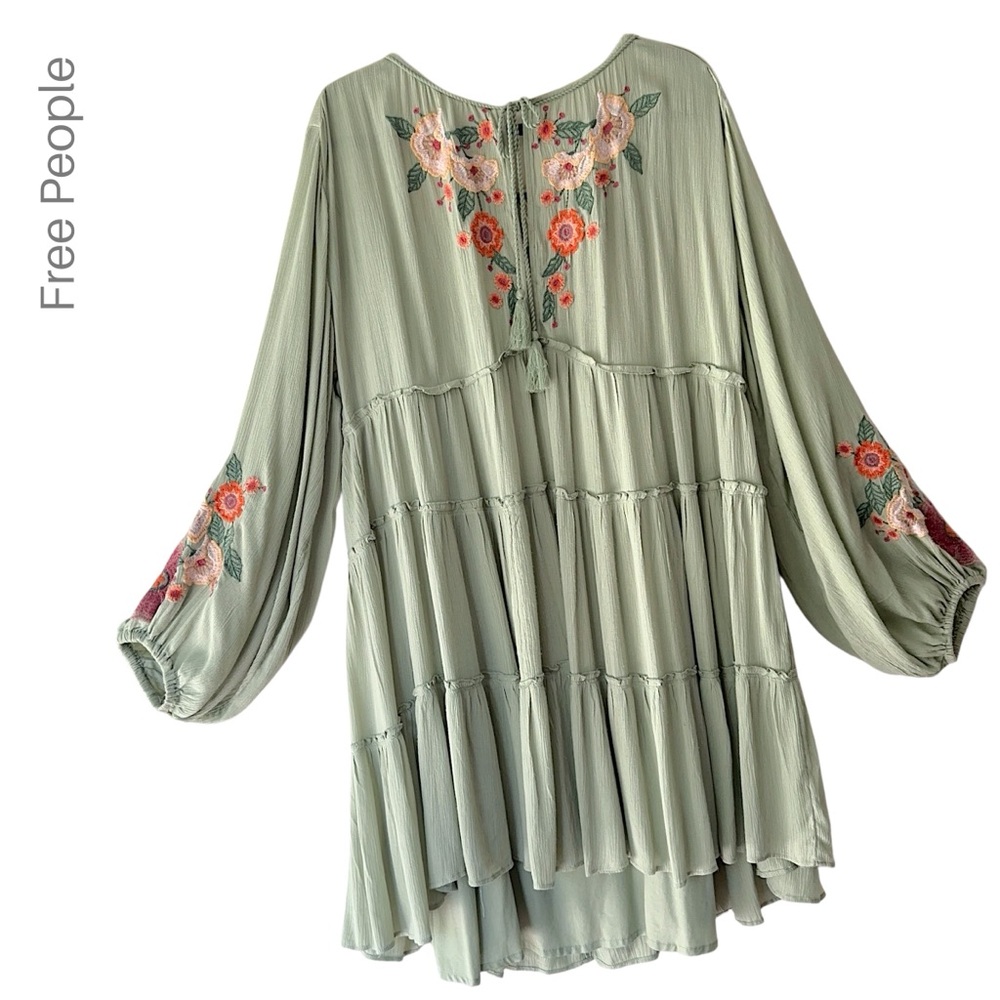 FREE PEOPLE SPELL ON YOU EMBROIDERED DRESS EARTH SAGE TASSEL TIES LINED | LARGE